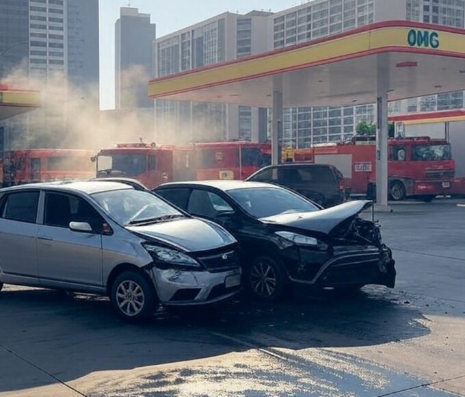 Estação de GNV na Asa Norte de Brasília com colisão e vazamento de gás, viaturas de bombeiros no local.