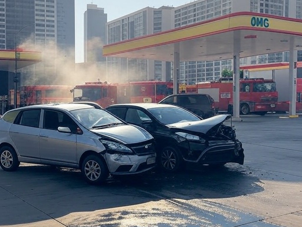 Estação de GNV na Asa Norte de Brasília com colisão e vazamento de gás, viaturas de bombeiros no local.