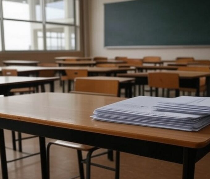 Escola em Brasília com sala vazia e desarrumada, representando falhas na lei de treinamento para identificar abusos no DF.