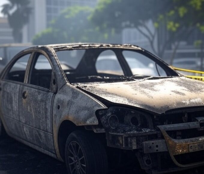 Carro carbonizado em rua de Brasília, DF, isolado por fita policial, cena de investigação criminal.