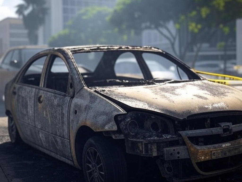 Carro carbonizado em rua de Brasília, DF, isolado por fita policial, cena de investigação criminal.