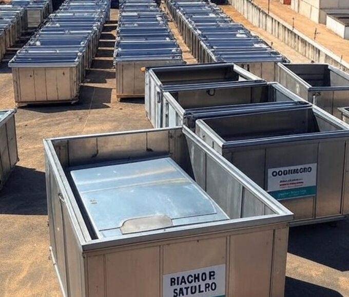 Instalação de papa-entulho inaugurada pelo GDF em Riacho Fundo II, com contêineres para entulhos em ambiente urbano do Distrito Federal.