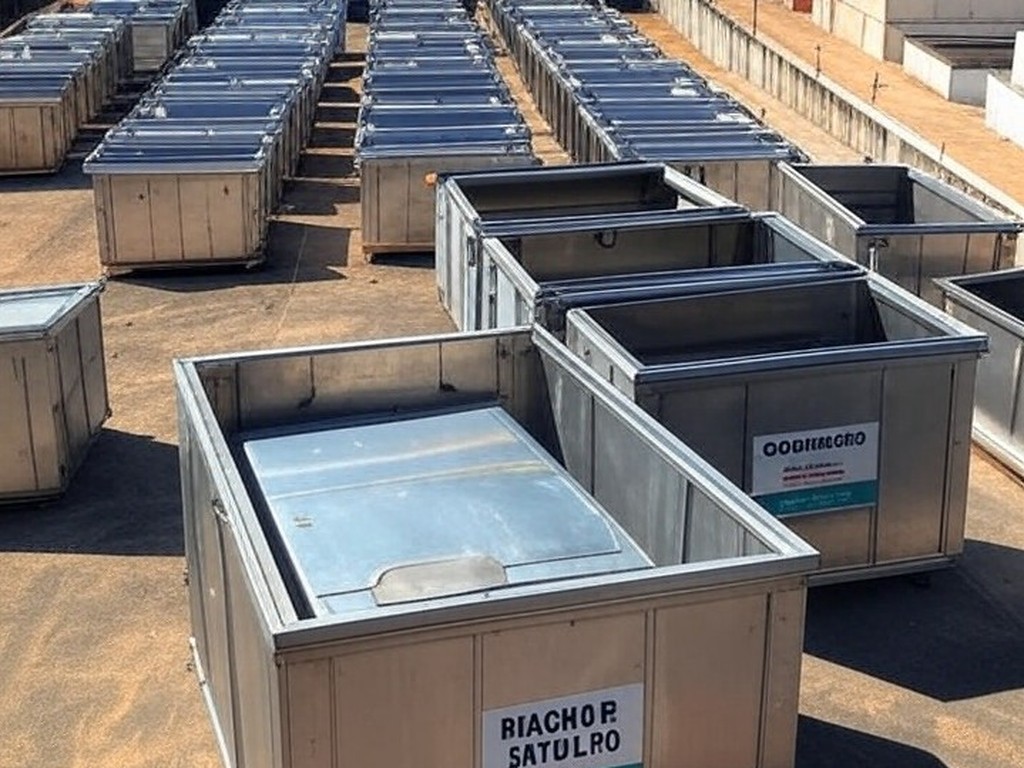 Instalação de papa-entulho inaugurada pelo GDF em Riacho Fundo II, com contêineres para entulhos em ambiente urbano do Distrito Federal.