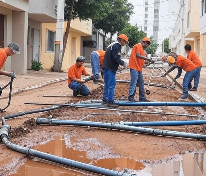 Rua vazia na Asa Norte de Brasília com tubulações e placa da Caesb indicando corte de água, ao fundo edifícios governamentais.