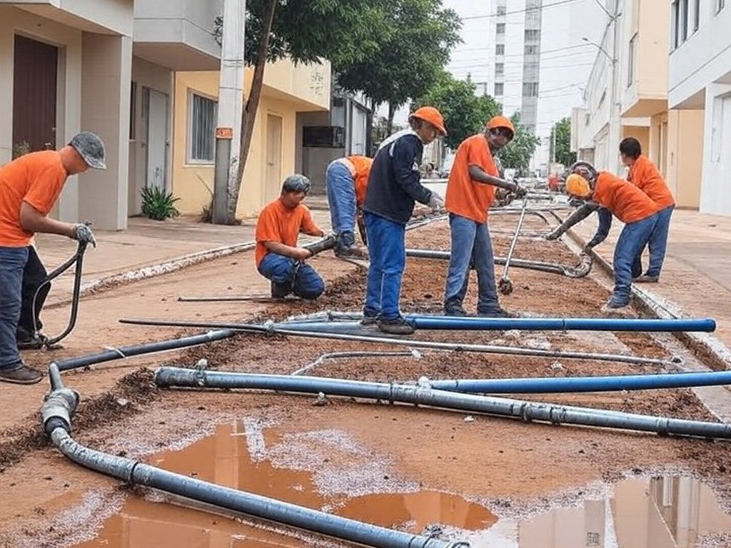 Rua vazia na Asa Norte de Brasília com tubulações e placa da Caesb indicando corte de água, ao fundo edifícios governamentais.