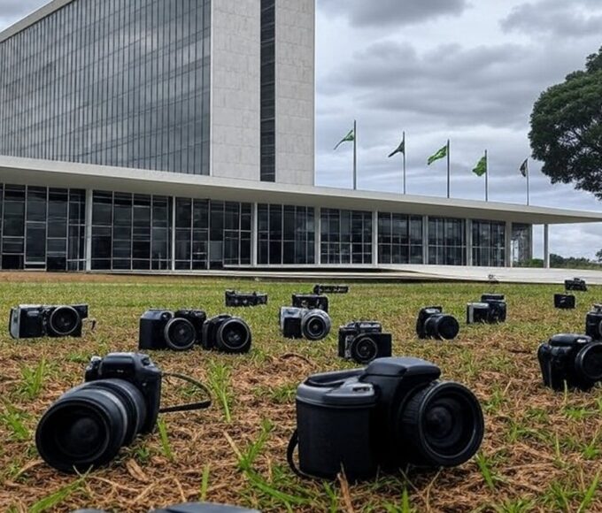 Fachada da CLDF em Brasília com câmeras fotográficas e elementos de opacidade, representando concurso de fotografia com críticas por falta de transparência.