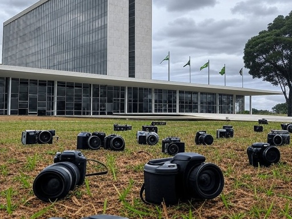 Fachada da CLDF em Brasília com câmeras fotográficas e elementos de opacidade, representando concurso de fotografia com críticas por falta de transparência.