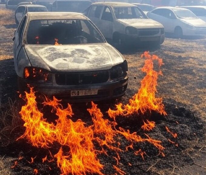 Carros danificados por incêndio em rua de Vicente Pires, com veículos de bombeiros brasileiros ao fundo.