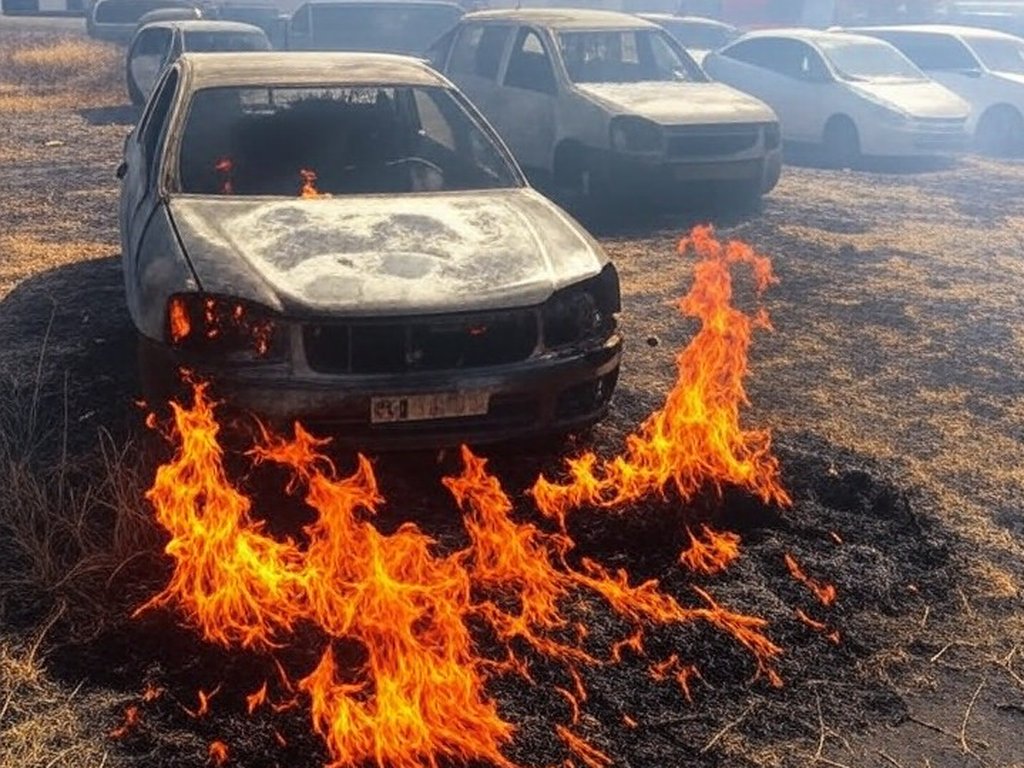 Carros danificados por incêndio em rua de Vicente Pires, com veículos de bombeiros brasileiros ao fundo.