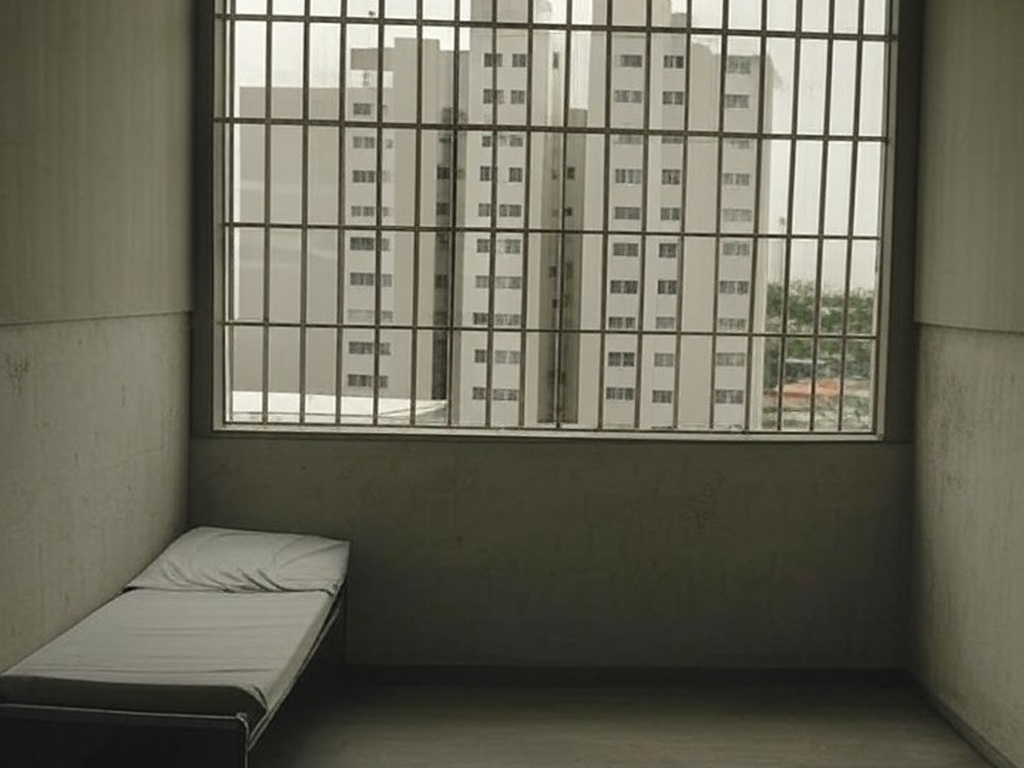 Cela de prisão espaçosa na Papuda comparada a apartamentos pequenos em São Paulo, em estilo fotojornalístico.