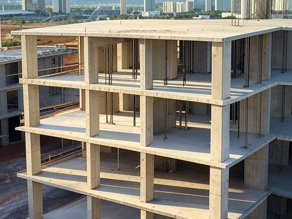 Canteiro de obras da UPA no Guará, DF, com estrutura em construção e materiais para concretagem da laje.