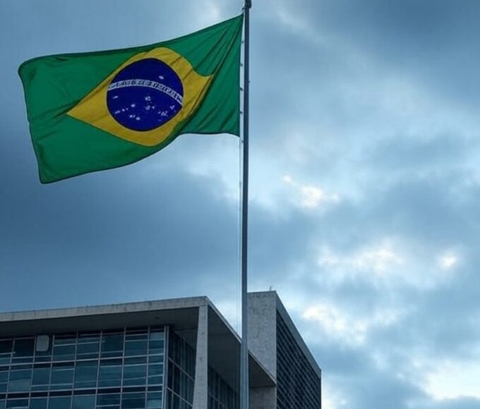 Bandeira brasileira a meio mastro em edifício em Brasília, representando luto por presidente do IBRAM.