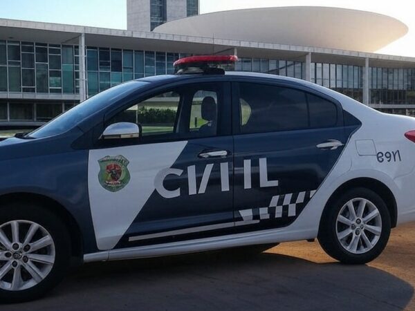 Viatura da Polícia Civil do DF em frente a hospital em Brasília, representando investigação de fraude em atestados médicos.