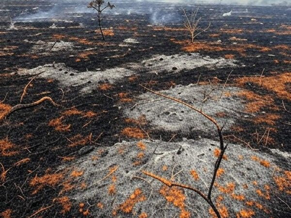 Área queimada no Cerrado do Distrito Federal, com fumaça e skyline de Brasília ao fundo, ilustrando lei contra queimadas anuais.