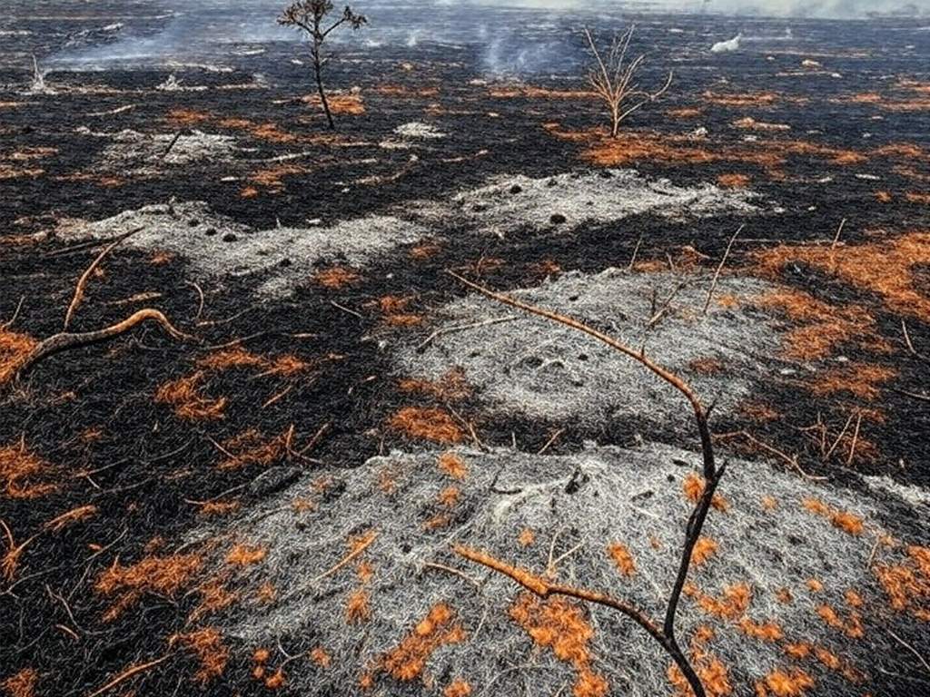 Área queimada no Cerrado do Distrito Federal, com fumaça e skyline de Brasília ao fundo, ilustrando lei contra queimadas anuais.