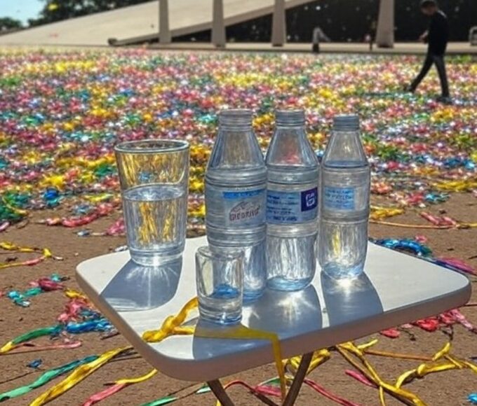Mesa com garrafas de água e folhetos de hidratação em posto de saúde no Carnaval de Brasília 2026.
