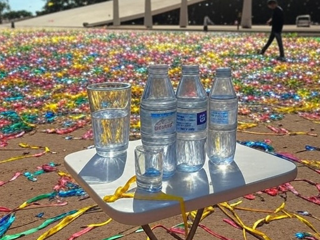 Mesa com garrafas de água e folhetos de hidratação em posto de saúde no Carnaval de Brasília 2026.