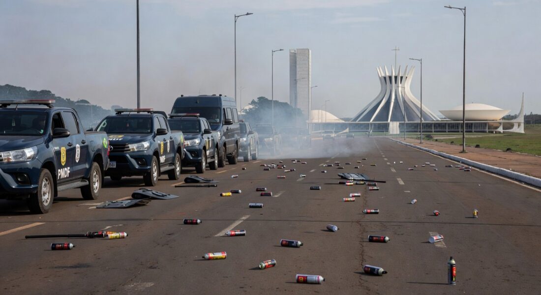 Operação da PMDF em Brasília com viaturas e spray de pimenta no chão, representando incidente policial no DF.