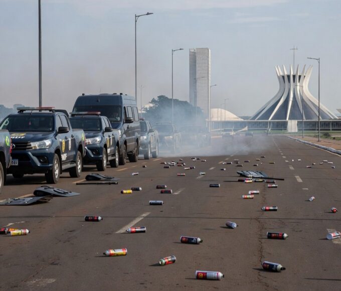 Operação da PMDF em Brasília com viaturas e spray de pimenta no chão, representando incidente policial no DF.