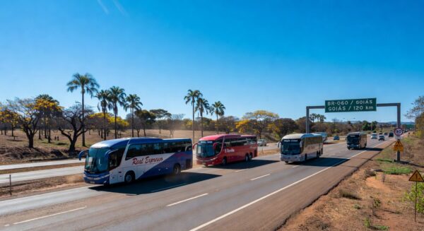 Ônibus na rodovia entre DF e Entorno de Goiás, ilustrando reajuste de 2,55% nas passagens.