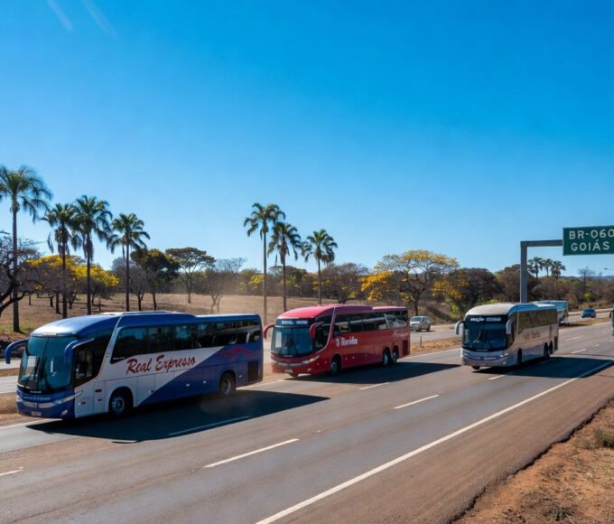 Ônibus na rodovia entre DF e Entorno de Goiás, ilustrando reajuste de 2,55% nas passagens.