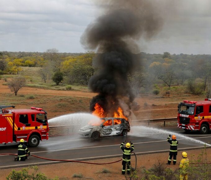 Incêndio em Ford Fiesta na DF-001 controlado por bombeiros no DF, sem feridos.