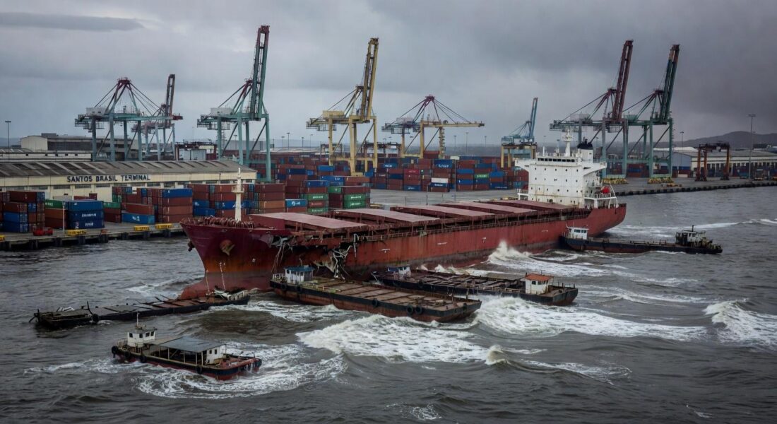 Navio Wisdom Venture colidido com balsas no Porto de Santos, com danos e mar agitado, em estilo fotojornalístico.