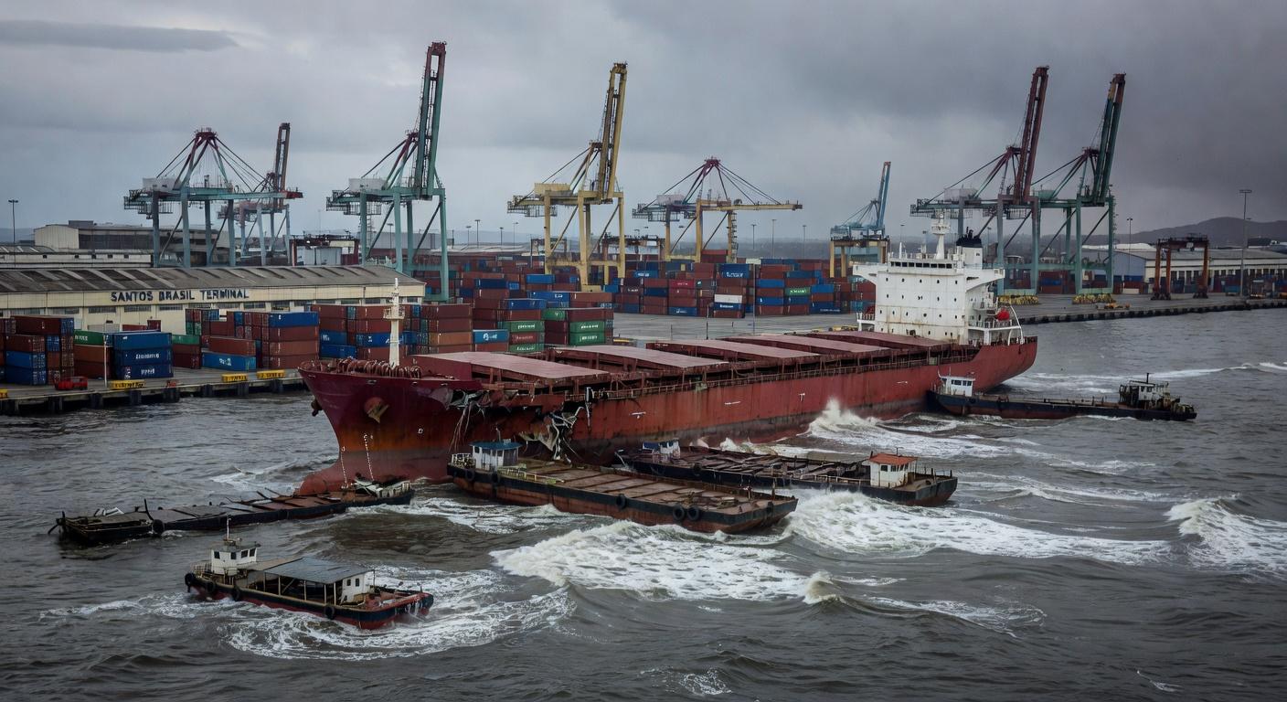 Navio Wisdom Venture colidido com balsas no Porto de Santos, com danos e mar agitado, em estilo fotojornalístico.