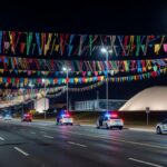 Rua de carnaval em Brasília com decorações festivas e viaturas policiais, simbolizando segurança sem incidentes.