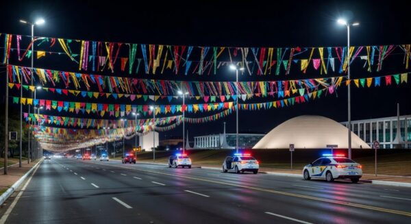 Rua de carnaval em Brasília com decorações festivas e viaturas policiais, simbolizando segurança sem incidentes.
