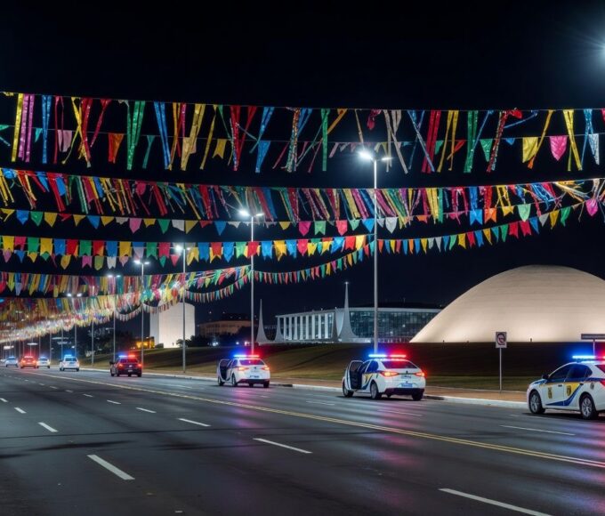 Rua de carnaval em Brasília com decorações festivas e viaturas policiais, simbolizando segurança sem incidentes.