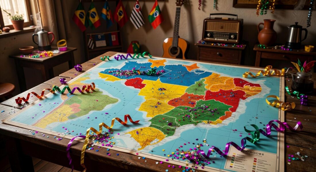 Mapa do Brasil com estados em cores variadas, representando ponto facultativo na Quarta-Feira de Cinzas em 2026, com elementos de Carnaval ao fundo.