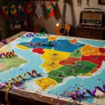 Mapa do Brasil com estados em cores variadas, representando ponto facultativo na Quarta-Feira de Cinzas em 2026, com elementos de Carnaval ao fundo.