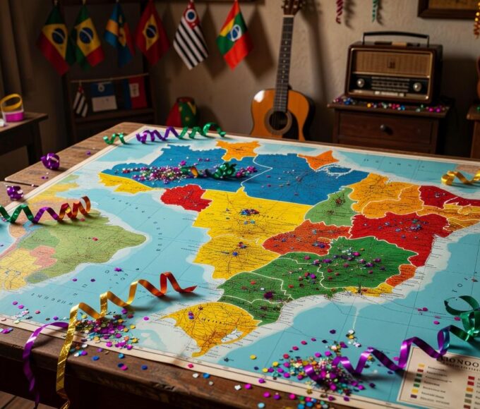 Mapa do Brasil com estados em cores variadas, representando ponto facultativo na Quarta-Feira de Cinzas em 2026, com elementos de Carnaval ao fundo.