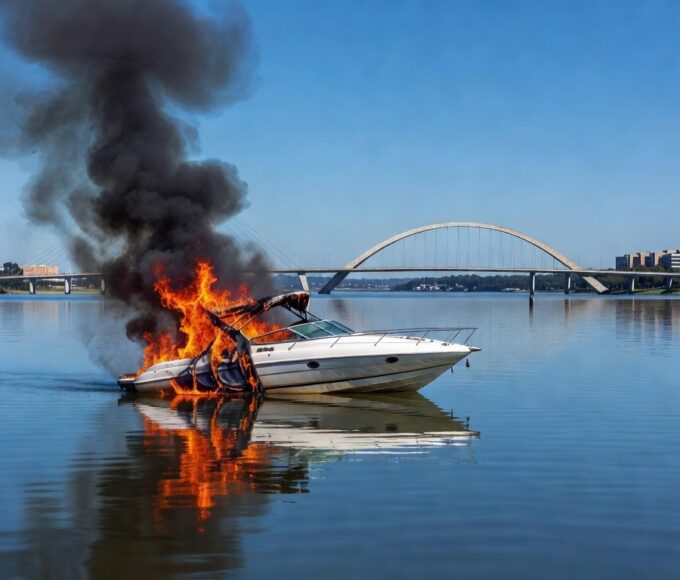 Lancha em chamas no Lago Paranoá, Brasília, com fumaça e reflexos na água, em estilo fotojornalístico.