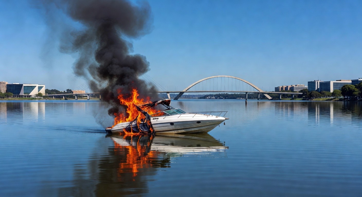 Lancha em chamas no Lago Paranoá, Brasília, com fumaça e reflexos na água, em estilo fotojornalístico.