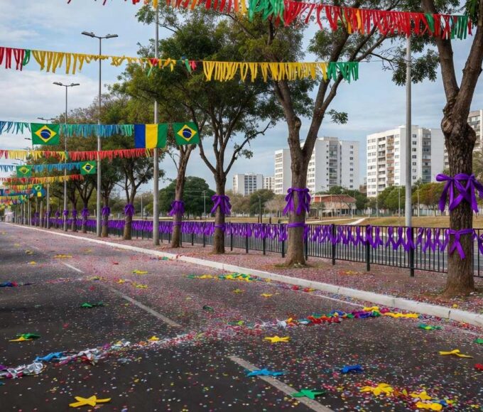 Rua vazia de carnaval em Brasília com confetes no chão, simbolizando campanha contra assédio em blocos.