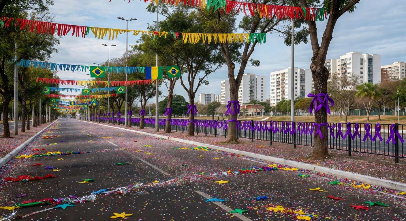 Rua vazia de carnaval em Brasília com confetes no chão, simbolizando campanha contra assédio em blocos.