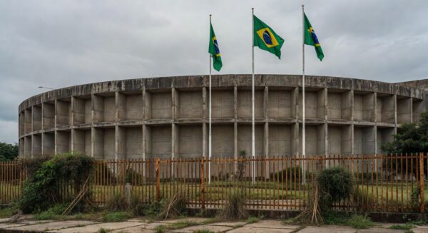 Edifício da CLDF em Brasília com elementos simbólicos de falhas na proteção a mulheres e idosos.