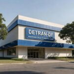 Fachada do prédio do Detran-DF em Brasília com placa de horário contínuo de 8h às 17h para melhor atendimento.