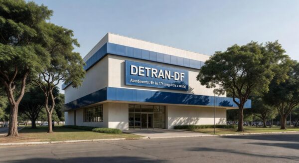 Fachada do prédio do Detran-DF em Brasília com placa de horário contínuo de 8h às 17h para melhor atendimento.