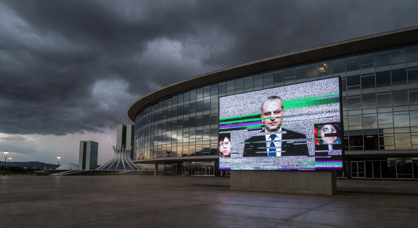 Sala de plenário vazia na CLDF com documentos espalhados e relógios parados, simbolizando atrasos em pautas urgentes.