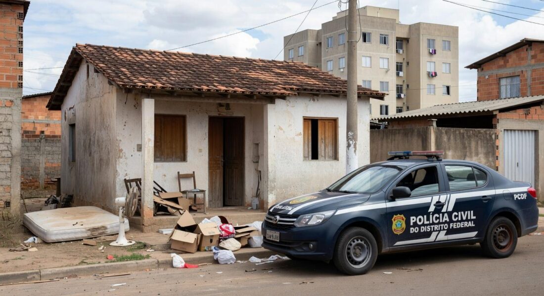 Viatura da Polícia Civil do DF em frente a casa residencial em Brasília, porta aberta e itens espalhados, representando caso de criança sozinha com drogas.