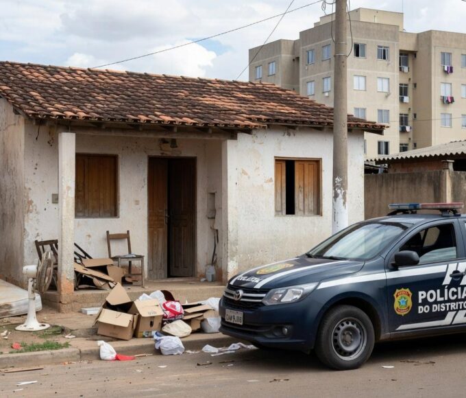 Viatura da Polícia Civil do DF em frente a casa residencial em Brasília, porta aberta e itens espalhados, representando caso de criança sozinha com drogas.