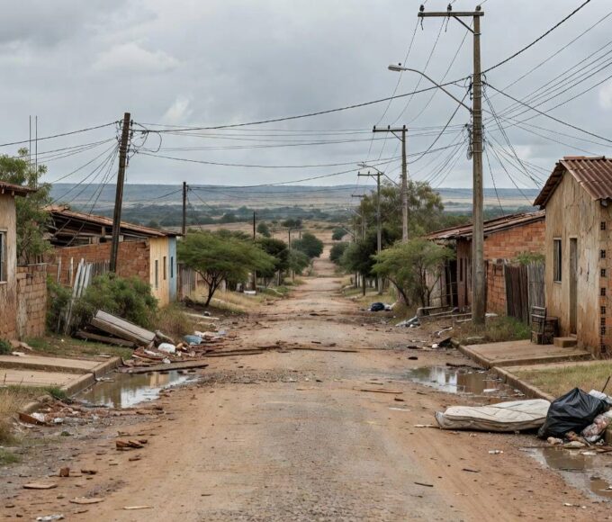 Rua com casas deterioradas no Recanto das Emas, Brasília, expondo falhas crônicas em moradia e infraestrutura.