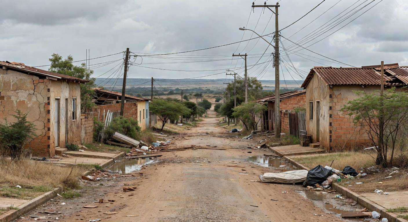 Rua com casas deterioradas no Recanto das Emas, Brasília, expondo falhas crônicas em moradia e infraestrutura.