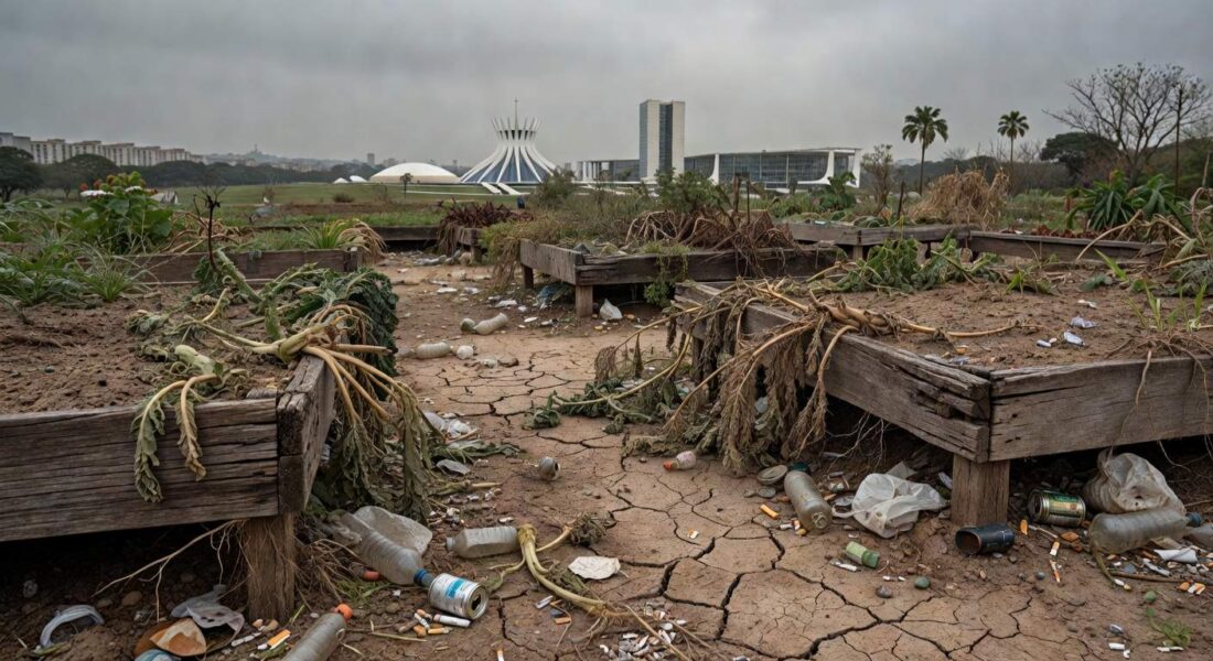 Horta urbana em Brasília com falhas persistentes, plantas murchas e lixo, destacando problemas na agricultura urbana expostos pela CLDF.