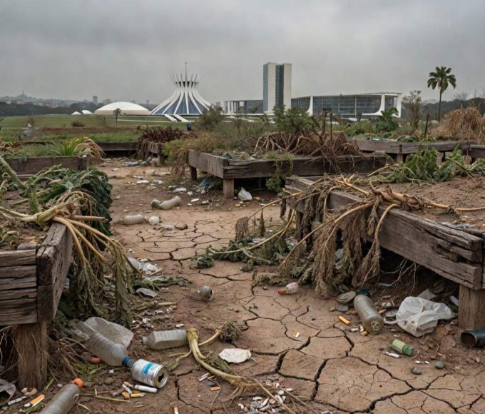 Horta urbana em Brasília com falhas persistentes, plantas murchas e lixo, destacando problemas na agricultura urbana expostos pela CLDF.