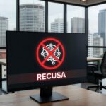 Tela de computador com ícone de IA recusando gerar notícia para evitar fake news, em escritório brasileiro.