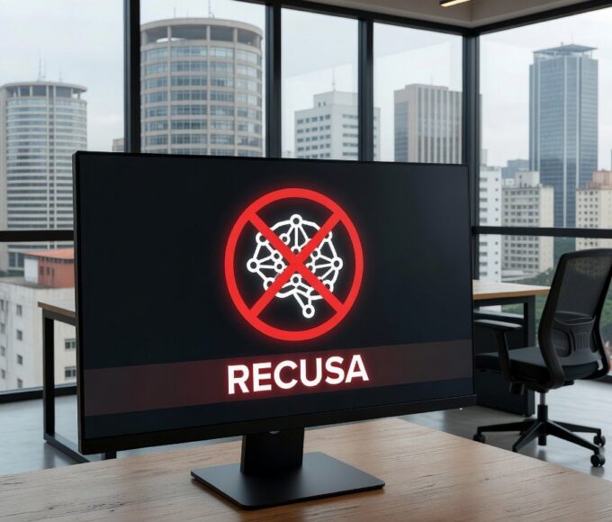 Tela de computador com ícone de IA recusando gerar notícia para evitar fake news, em escritório brasileiro.